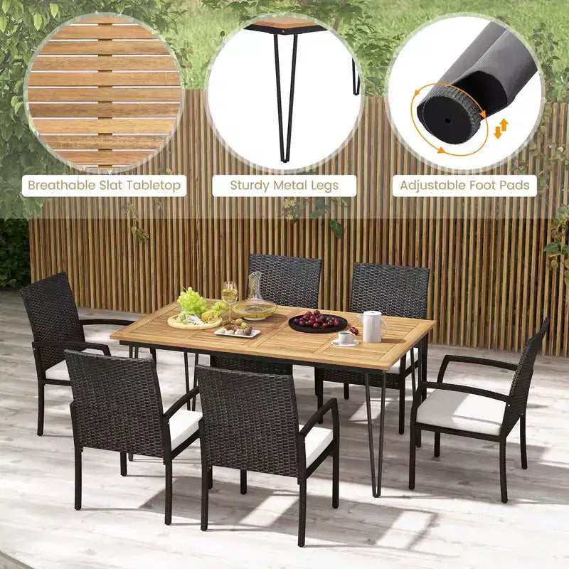 Ensemble de salle à manger d'extérieur Costway 7 pièces avec table en bois d'acacia, fauteuils en rotin et coussins moelleux