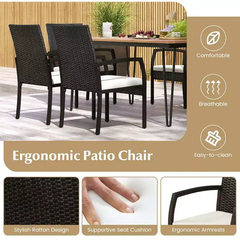 Ensemble de salle à manger d'extérieur Costway 7 pièces avec table en bois d'acacia, fauteuils en rotin et coussins moelleux