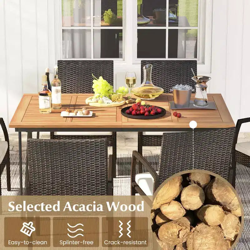 Ensemble de salle à manger d'extérieur Costway 7 pièces avec table en bois d'acacia, fauteuils en rotin et coussins moelleux