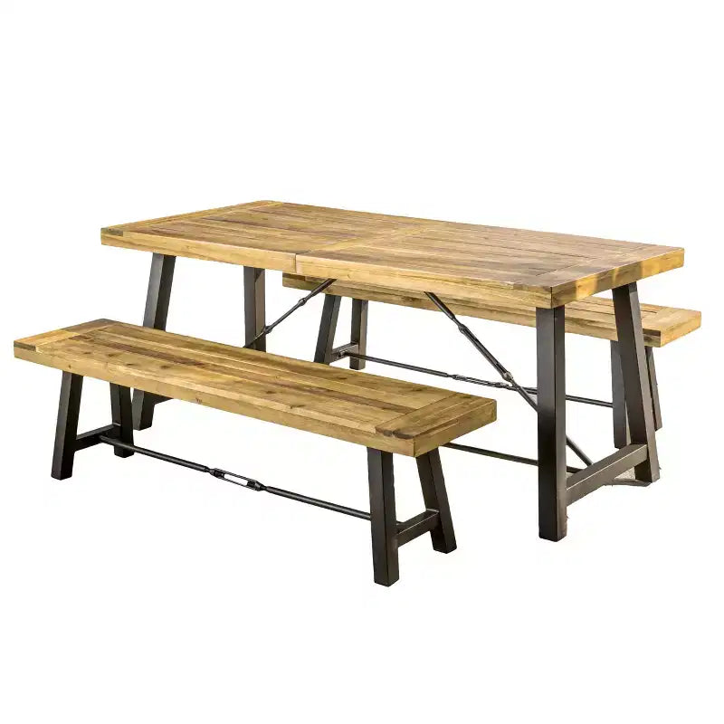 GDFStudio Rosario Outdoor Industrial Acacia Wood 3 Piece Picnic Dining Set, Teak/Rustic Metal