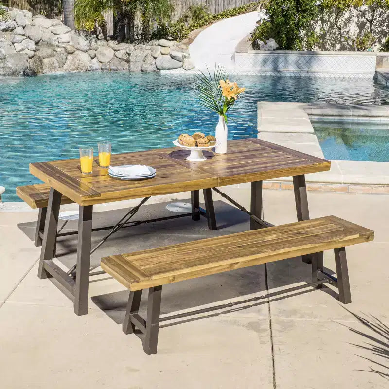 GDFStudio Rosario Ensemble de Repas de Pique-nique Industriel Extérieur 3 Pièces en Bois d'Acacia, Teck/Métal Rustique