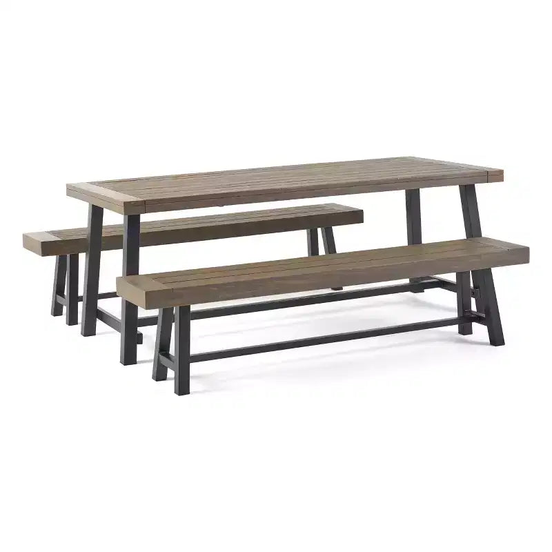 GDFStudio Chilian Outdoor Acacia Wood 3 Piece Picnic Set, Gray/Rustic Metal