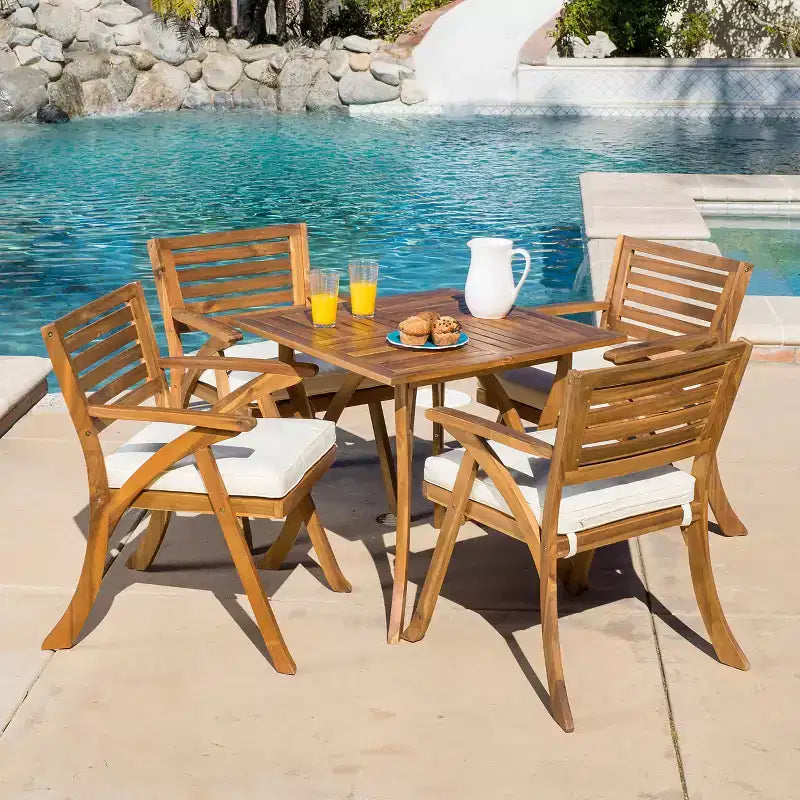GDFStudio Baia Outdoor Acacia Wood 5 Piece Dining Set with Cushion, Teak/Cream