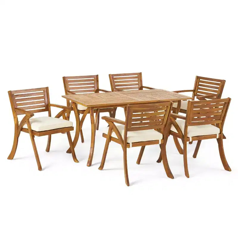 GDFStudio Baia Outdoor Acacia Wood 7 Piece Dining Set with Cushion, Teak/Cream
