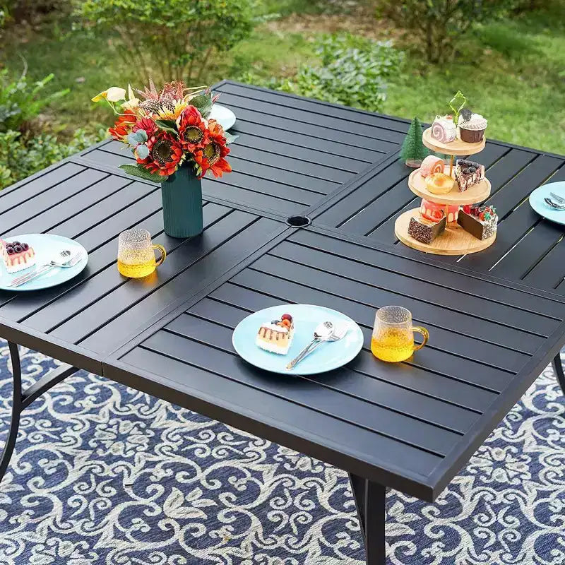 Captiva Designs Ensemble de salle à manger d'extérieur 9 pièces avec table carrée à lattes en métal et chaises pivotantes en textilène