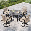 Captiva Designs 5pc Patio Slat-top Round Metal Dining Table and Thick Cushion Swivel Wicker Chairs