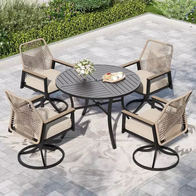 Captiva Designs 5pc Patio Slat-top Round Metal Dining Table and Thick Cushion Swivel Wicker Chairs