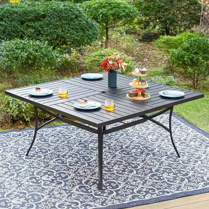 Captiva Designs – Ensemble de salle à manger 9 pièces d'extérieur, table carrée en métal à lattes et chaises pivotantes rembourrées en toile de Captiva Designs