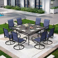 Captiva Designs 9pc Patio Slat-top Square Metal Dining Table and Padded Sling Swivel Chairs
