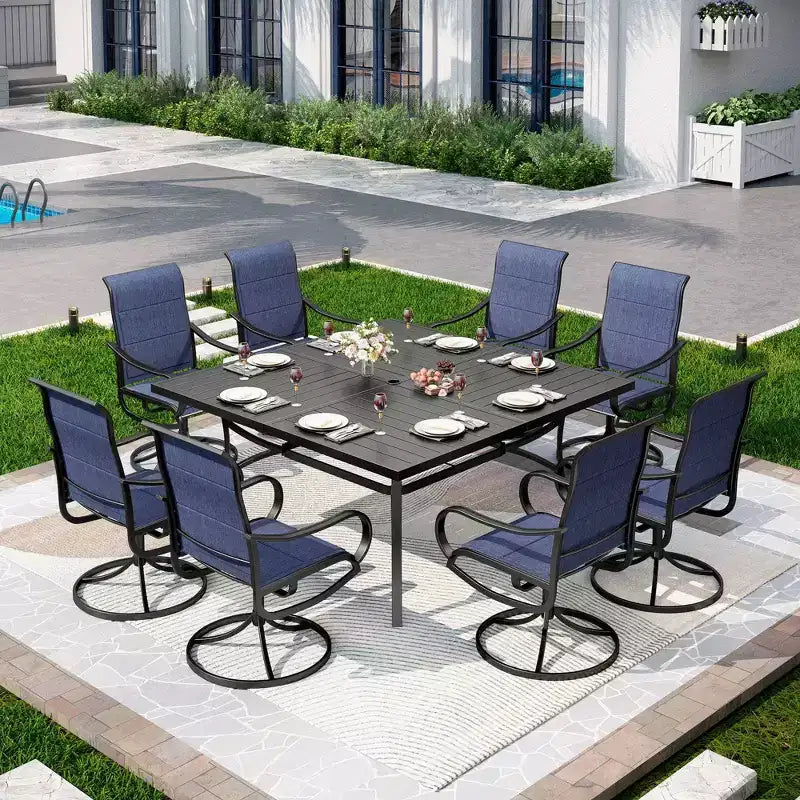 Captiva Designs 9pc Patio Slat-top Square Metal Dining Table and Padded Sling Swivel Chairs