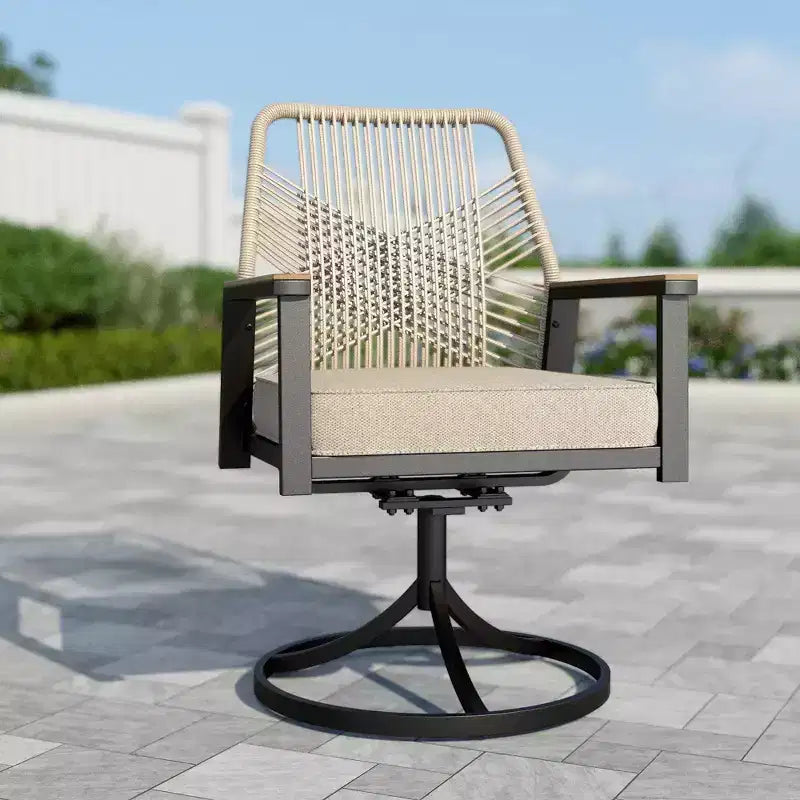 Captiva Designs – Table de salle à manger ronde en acier avec plateau à lattes et chaises en osier pivotantes avec coussins épais – 7 pièces