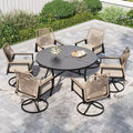 Captiva Designs 7pc Slat-top Round Steel Dining Table and Swivel Wicker Chairs with Thick Cushions