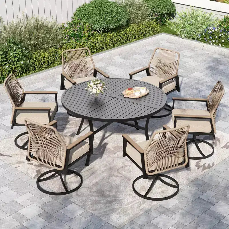Captiva Designs 7pc Slat-top Round Steel Dining Table and Swivel Wicker Chairs with Thick Cushions