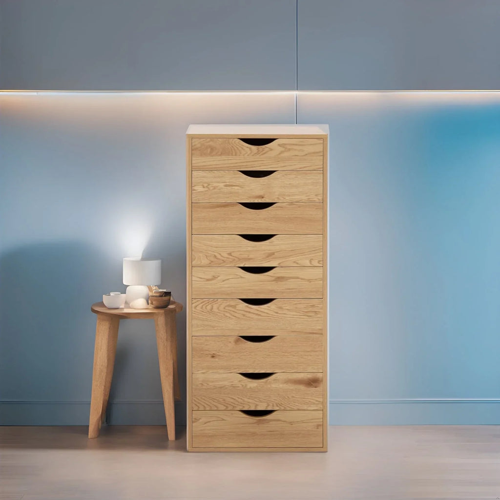 Étroite commode en bois à 9 tiroirs coulissants et étagère de rangement supérieure