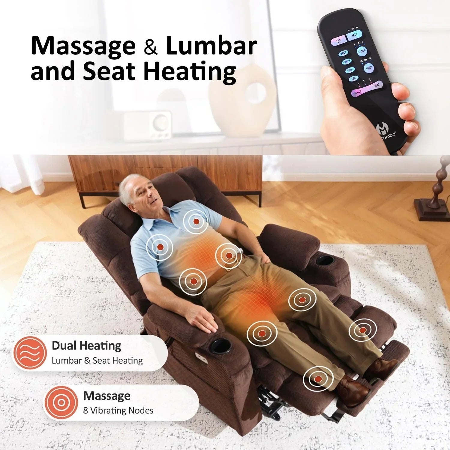 Fauteuil inclinable électrique double moteur grand et large MCombo avec massage et double chauffage pour personnes âgées de grande taille, tissu R7635